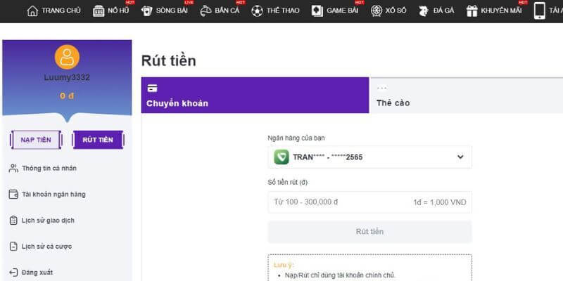 Rút tiền i9bet qua ngân hàng dễ dàng